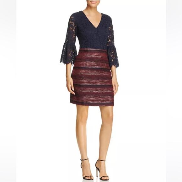Nanette Lepore Lace-Bodice Bell Sleeve Cranberry Multi Dress Size 10 NWT - Picture 1 of 10